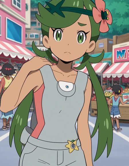 score_9, score_8_up, score_7_up, source_anime, <lora:pokemon-mallow-anime-ponyxl-lora-nochekaiser:1>, mallow, long hair, bangs, hair ornament, twintails, green eyes, flower, green hair, hair flower, dark skin, dark-skinned female, swept bangs, mallow (pokemon), collarbone, sleeveless, pink shirt, overalls,, street market, vendor, street food, bustling crowd, local flavor, vibrant, , looking at viewer, foot on ground, hand on shoulder, elbow out, solo,, cowboy shot, dutch angle