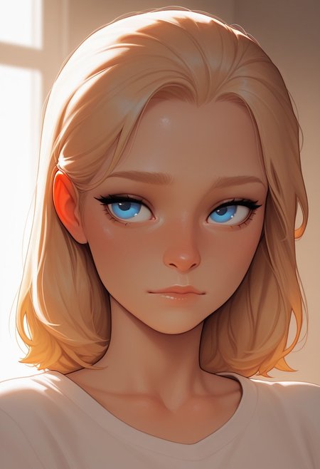 HDR, 8K, masterpiece, best quality, amazing quality, very aesthetic, realistic, newest, volumetric lighting, (flat colors:1), incoth, (incase:0.6),
Close up portrait,
1girl, spellthieflux, blonde hair, blue eyes, white shirt,