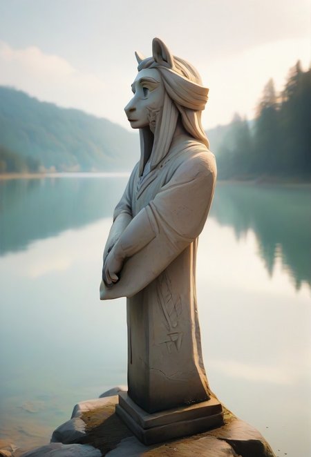 (1girl, solo,, hattiezazu, digital art, soft light, TenMic10, :1.3), The Veiled Virgin Statue by Faulkner Iain covered in tempted cellophane centered in a lake, colourful, score_9, score_8_up, score_7_up, masterpiece, best quality, very aesthetic