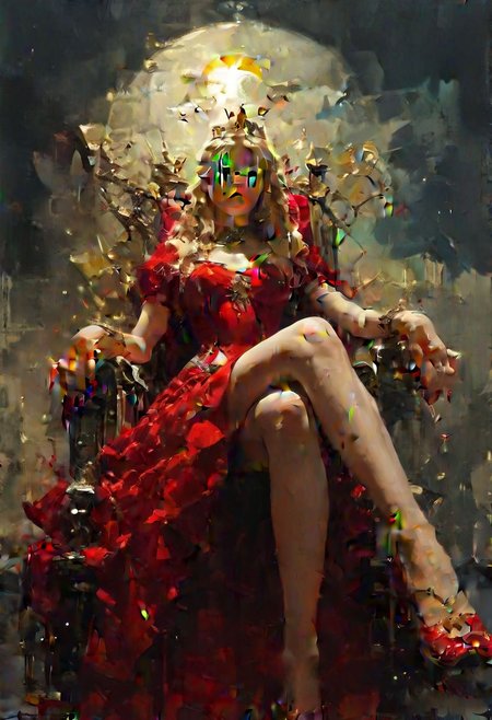 (score_9, score_8_up:1.1), score_7_up, 1girl, petite, blonde hair, long hair,  sitting on a golden throne, red royal dress, red royal miniskirt, thighs, crossed legs, from below, air of superiority, throne room, golden tiara, nail polish, red fingernails  <lora:sdxl\vixon_pony_oil:0.7> <lora:sdxl\Concept Art Eclipse Style LoRA_Pony XL v6:0.5>