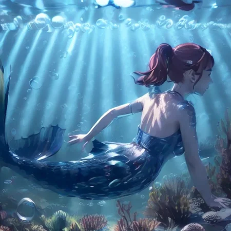 (illustration:1.8),(best quality),(masterpiece:1.5),masterpiece,bottle with stopperwater in bottle,grass background,nature,((very wide shot)),(((Underwater))),Deep focus,Watermaker(bubbles:1.5),turtles,corals,Floating clothes,bere, a mermaid statue with a fish tail and a fish tail<lora:bere-10:0.7>