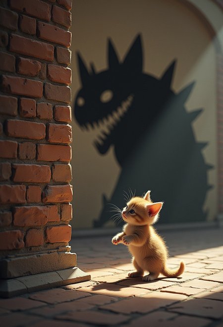 a cute kitten casting a shadow of an evil big monster on the ground and on the wall of bricks, focus on the shadow. high resolution concept art, dynamic lighting, hyperdetailed, intricate details, photo realistic, hyperrealistic