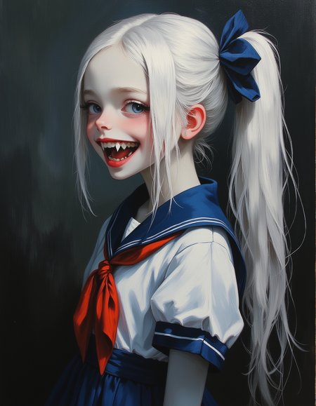 masterpiece, high quality, Oil Painting, Hyper-realistic, half body portrait of a young teen girl with a dramatic, gothic aesthetic. The subject's face is a pale, almost translucent white, with lips painted a vivid red. The lips are slightly parted, revealing sharp, gleaming white fangs. Her long white hair is in a long ponytail with a blue bow tied at the base of the ponytail. Enchanted blue eyes. She is wearing a classic Japanese sailor school girl uniform, complete with a navy blue pleated skirt, white blouse with blue trim, and a red neckerchief. Her body is skinny and petite. brush strokes, warm light, magic, extremely coherent, cute, beautiful, cinematic, stunning, creative, positive, cheerful, unique, cool, inspiring, pure, rational, very inspirational, friendly, thought, glowing, magical, perfect, intricate, wonderful, lovely, novuschroma, del1cate_balance style, in the style of Rembrandt. FS, vantablack <lora:style_of_Rembrandt_FLUX_135:.8> <lora:- Flux1 - vanta_black_V2.0:.8> <lora:Delicate_Balance:.3> <lora:neeeg_f1:-1> <lora:113_novuschromaFLX_1:.2> <lora:FluxF4ngs:.8>