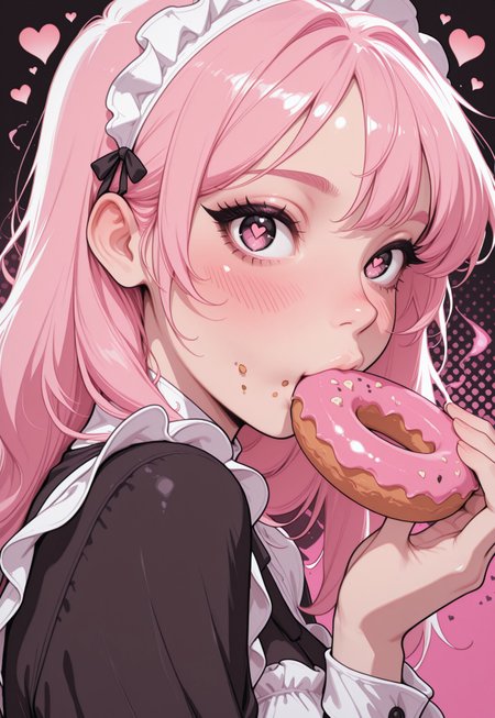 masterpiece, high_quality, highres, flat_colors, gradient, 
long_lashes, blush, looking_at_viewer, dynamic_angle, cinematic, side_view, hearts, halftone_background, pink_background, black_background, ethereal_aura, eating_donut, uwu, big_eyes, crumbs