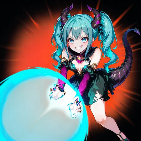 HDA_MasterpieceXL_v1.2,  <lora:Hatsune_Miku_-_Villian:1> Mikuvillian, 1girl, aqua_eyes, aqua_hair, arm_support, bare_shoulders, black_dress, black_nails, breasts, breasts_apart, brooch, cleavage_cutout, clothing_cutout, dragon_horns, dragon_tail, dress, full_body, grin, heart_brooch, horns, jewelry, long_hair, nail_polish, purple_footwear, sharp_teeth, sleeveless_dress, torn_dress, twintails, detached sleeves,  <lora:krame:1> Kamehameha-Trow, SHARP laser beam, energy beam out of hands moving forward, outstrecthed arms, claw gesture