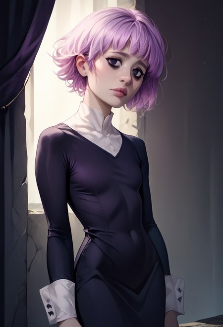 score_9, score_8_up, score_7_up, score_6_up, score_5_up, score_4_up, zPDXL3, 1girl, dgns, cronaSDXL,short hair,long sleeves,dress,pink hair,purple hair,black eyes,black dress,black nails,long dress,bags under eyes, slender, (ultra realistic, 32k, masterpiece:1.2), (high detailed skin:1.1), (high quality:1.1)