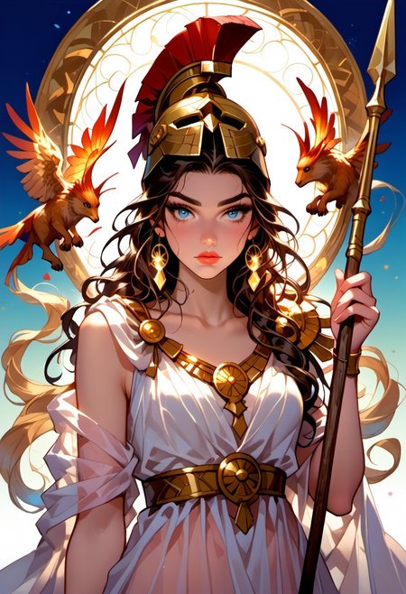 Stable_Yogis_PDXL_Positives, (score_9, score_8_up, score_7_up), ((zPDXL3)), ((zPDXLxxx)), ((Greek mythology style)), ((face focus, eye focus, dynamic angle, motion)), 1girl, solo, fantasy, (greek_athena, helmet ontop of head, brown hair, long hair, toga, armor, sandals), ((((sheer material, silk, semi-transparent clothes)))), (ancient greek clothes), (armor), (holding spear), lace, cape, breathless intimacy, tanned skin, petite model bombshell, heart, young, delicate features, narrow pointy nose, tiny nose, lust, big eyes, seductive eyes, blue eyes, detailed skin, flared lashes, mascara, makeup, perky huge breasts, athletic body, narrow waist, skinny hips, 
warm light, detailed, neon dark party
 BREAK
milky way, runes, arcane, astral, surreal, ethereal glow, masterpiece, best quality, intricate design. colorful, moonlit nightsky, stained glass aesthetic, moody whimsical color palette, murano glass, bold soldering lines, volumetric light shining through, crepuscular rays, intricate craftsmanship, detailed texture, luminous transparency, reflective light play, vivid hues, atmospheric depth, enchanting silhouette, art nouveau,