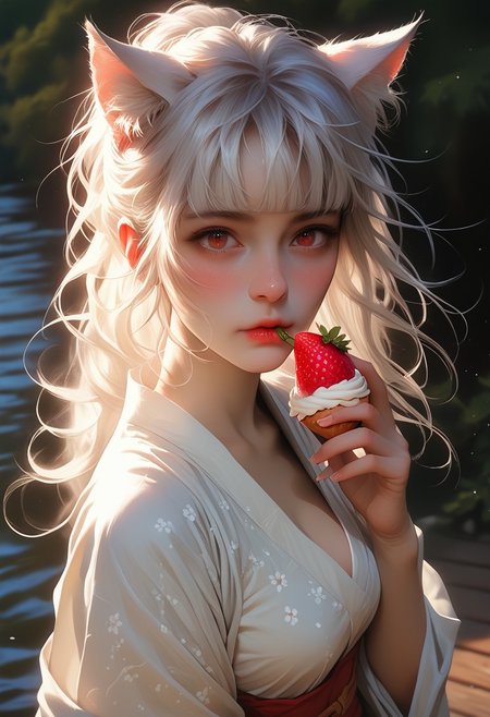 ASCII, photorealistic, OLED, score_9, score_8_up, score_7_up, score_6_up, 1girl, 30yo, red eyes, soft freckles, tanned skin, white hair, ponytail, strands of hair falling over the face, long hair, hime cut, cat ears, ((close up, standing)), medium breasts, curvy body, wide hips, jetty on the water, wooden floor, night, star sky , eating a strawberry,<lora:SnowFoxeij-000006:0.7>, looking to viewer, cute face, (wearing a kimono dress), cat tail