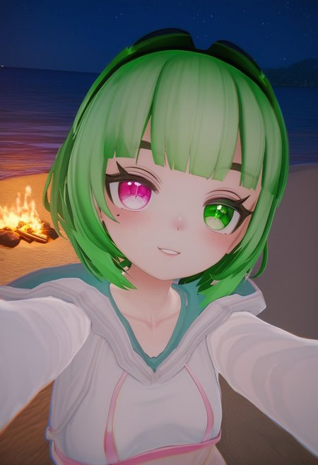 score_9, score_8_up, score_7_up, source_anime, best quality, vrchat screenshot, 3d, 3d graphics, 1girl, anime girl, beach, night, campfire, close-up, heterochromia, pink eyes, green eyes, bobcut, green hair, blunt bangs, selfie