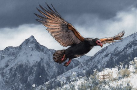 Sharp image of a rough sketch, rendered in vibrant multi colour ballpoint pen, capturing the adorable features of a digital illustration of a vulture in flight. The vulture is in the center of the image, with its wings spread wide and its head turned towards the right side of the frame. Its body is black and white, with a red beak and talons. The background is a mountainous landscape with snow-capped peaks. The sky is dark and cloudy, and the overall mood of the illustration is dramatic and powerful.  p3nsk, <lora:p3nsk:1>