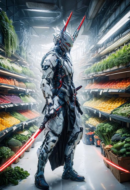 front view, supermarket, vegetables department, WHITE CYBORG WARRIOR, score_9, score_8_up, score_7_up, score_6_up, score_5_up, score_4_up, UHD, 8K, masterpiece, detailed, ultra_high_resolution, lots of detail, Ultra detailed photo realistic background, lots of detail, RED ILLUMINATED SWORD, cyberpunk, mad-hdwr, cyberpunk.