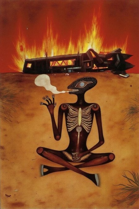 paulklee1 painting. 
 Xenomorph, puffing a cigarette, sitting cross-legged on the ground, a crashed burning spaceship wreckage in the background, desert  <lora:paulklee1_cap_d8a4e6:1.0><lora:839167546847528934:0>