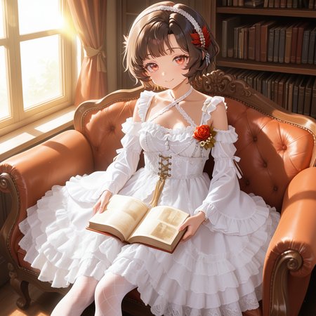 Positive: Masterpiece, best quality, amazing quality, very aesthetic, high resolution, ultra-detailed, absurdres,
1girl,solo,
schndef, short hair, feather hair ornament,small breasts,brown hair, red eyes,white hairband, 
white off-shoulder lace ruffled dress,
white dress,white off-shoulder,lace,frills,
criss-cross halter,
corsage,jewelry,
long sleeves,detached sleeves,
white lace pantyhose,sitting on chairs,looking_at_viewer, 
Sunlight, windows, bookcase, Holding an open book，