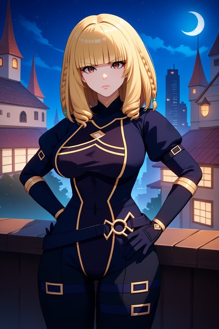 score_9, score_8_up, score_7_up, score_6_up, source_anime, 1girl, solo, <lora:roseoriana-pdxl-nvwls-v1-000006:1> r0se, blonde hair, medium hair, braid, blunt bangs, brown eyes, black bodysuit, puffy sleeves, black belt, black gloves, thigh strap, big breasts, looking at you, serious, night, night sky, city, hand on hip