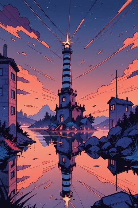scenery, no humans, outdoors, water, sky, night, lighthouse, rock, reflection, building, river, tower, night sky, a_Comic_Illustration, rough lines with ink, (drawn:1.1), (sketch:1.5), (crosshatching:1.25), (comic style:1.1), graphic novel style, sharp lines, hires, zstyle, (western comics \(style\):1.1), (hatching \(texture\):1.2), zPDXL, Mr_Monster_Possitive, <lora:Expressive_H:0.5>, score_9, score_8_up, score_8_up,