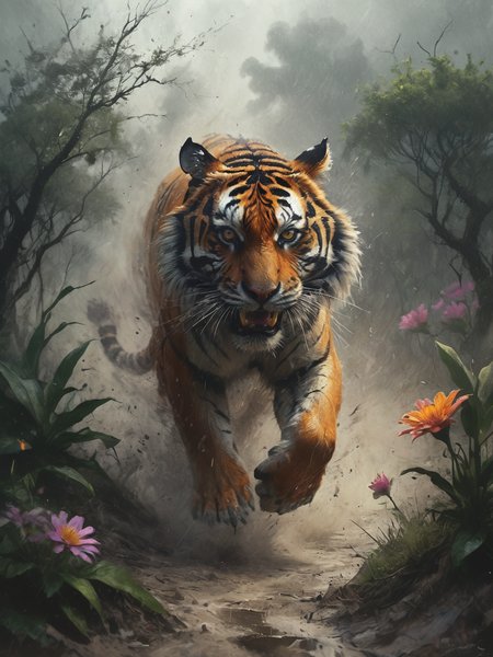 coomplex illustration of a mighty tiger in the jungle very fast  running to the viewer, trees and flower,  in a massive cloud of dust, agression, anger, hyperrealistic scene, heavy rain, detailed focus, art by Aaron Jasinski, epic fantasy scene, vivid colors, Enchanted Masterpiece, Fantasycore, Award-Winning, Masterpiece,  contrast, faded,   <lora:Desolation:0.5>