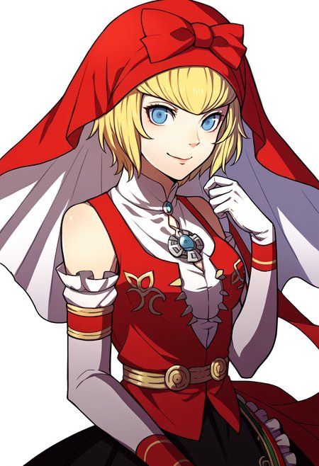 score_9, score_8_up, score_7_up, source_anime, BREAK, solo, 1girl,  <lora:zs_FE3HPortraitsXL:1>, fe3hportraits, upper body, white background,  <lora:Idun-pdxl-DoRA_Fp:1>, idunnsmt, short hair, blonde hair, blue eyes, veil, red bow, red dress, vest, frilled skirt, white gloves, elbow gloves, bare shoulders, miniskirt, black skirt, smile, brooch,