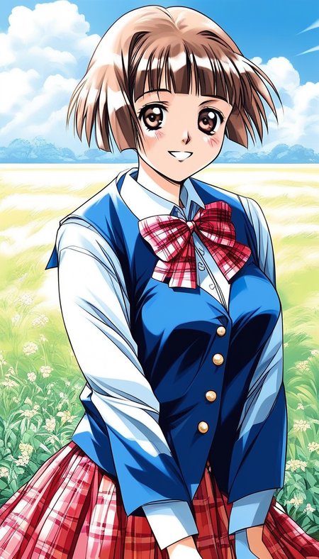 score_9, score_8_up, score_7_up, source_anime, rating_explicit, BREAK <lora:Tsuzuki_Kozue_XL:1>Tsuzuki_Kozue, brown hair, short hair, brown eyes, blunt bangs, medium breasts,
1girl, solo, skirt, plaid, long sleeves, 1990s (style), smile, plaid skirt, bow, 
school uniform, blue vest, looking at viewer, Yellow long sleeve,
pleated skirt,  bowtie, shirt, red skirt, v arms,
 plaid bow, bob cut, plaid bowtie, cowboy shot,
grass, sky,