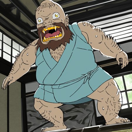 male focus, solo, facial hair, beard, bald, open mouth, yellow eyes, japanese clothes, barefoot, traditional youkai, indoors, teeth, golden teeth, sleeveless, fangs, fat man, arm hair, fat, giant, brown hair, muscular, kimono, outdoors, nature, japanese background, anime, source_anime, Masculine character design, perfect balance, perfect eyes, extremely detailed, perfect lighting, (masterpiece:1.0),(best_quality:1.0), ultra high res,4K,ultra-detailed, pale skin, sweaty, hairy chest, 