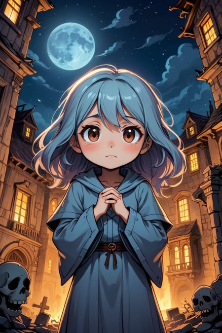 ghost girl, 
hair covering her eyes,  haunted house background, 
in front of ruined hosptial, 
night time
celestial,  cute,  adorable,  whimsical, 
2D comic illustration, 
anime fantasy, 
fine-inked Thick-outlines, 
cel-shaded, 
contour, 
mysterious, 
Dark, 
by disney,  pixar, 
Town of Salem 2, 
darkest dungeon, chibi, Emote Chibi, chibi style