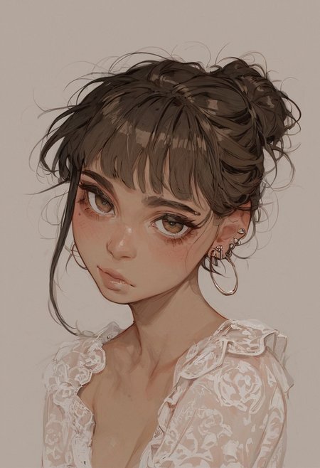 score_9, score_8_up, score_8_up, 1 girl, 1 Latin girl, Latin girl, messy bun black hair with bangs, light brown eyes, slim, big teardrop shaped breasts, no face piercings, earrings, make-up, blush, close-upnto face, seductive, Latina, light brown skin