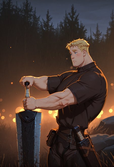 concept art cinematic photo anime artwork cinematic film still anime artwork concept art masterpiece, best quality, amazing quality, very aesthetic, 
 <lora:aleha:1> aleha, 1boy, male focus, solo, blonde hair, short hair,  freckles, thick eyebrows, short sleeves, (muscular:0.7),  
  <lora:illustrious_h_v2:1> <lora:DarkerThanBlackIllustrious:0.7> dark theme <lora:DragonSlayerSword-Il.V1.0:0.8> DragonSlayerSword-Il.V1.0, t,  wielding-dragonslayer, huge weapon, sword, holding sword, holding weapon, . shallow depth of field, vignette, highly detailed, high budget Hollywood movie, bokeh, cinemascope, moody, epic, gorgeous, film grain, grainy . anime style,vibrant, studio anime, highly detailed . 35mm photograph, film, bokeh, professional, 4k, highly detailed . digital artwork, illustrative, painterly, matte painting, highly detailed