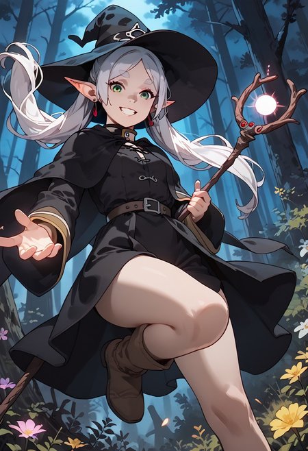 score_9, score_8_up, score_7_up, score_6_up, portrait, 1girl, Frieren, elf ears, small breasts, plant, flower, green eyes, white hair, long hair, twintails, thick eyebrows, earrings, dynamic angle, forest, night, mist, witch, forest witch, witch clothes, witch staff, glowing hair, glowing hat, glowing staff, magic, casting, flying, in the air, leg up, grin, casting spell, dark magic, light beam, dimmed light, from below
