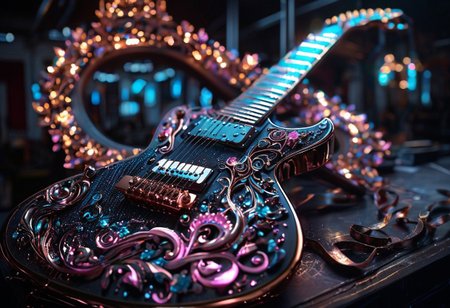 RAW photo of a very detailed reflective guitar with whimsical elements, dark studio, magical glowing podium, the rom is dark, only light of source is the guitar, cyan and pink neon, complimentary colors, reflective enviroment, spot lights, fantasy style, 90% black and 10% gold colors, big white diamonds on the guitar, strong depth of field, darkness, dramatic light, dusty black theme, intricate details, ultra sharp, exquisite detail, flawless composition, vivid colors, masterpiece, exciting background,  timeless elegant and Exquisite Copper Ornaments