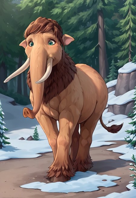 BREAK score_9_up score_8_up score_7_up, source_anime, (from behind), Peaches (Ice Age), mammoth, elephant, light brown fur, brown hair, green eyes, horse tail, long bangs, tail, (feral), (huge ass:1.5), 4 legs,