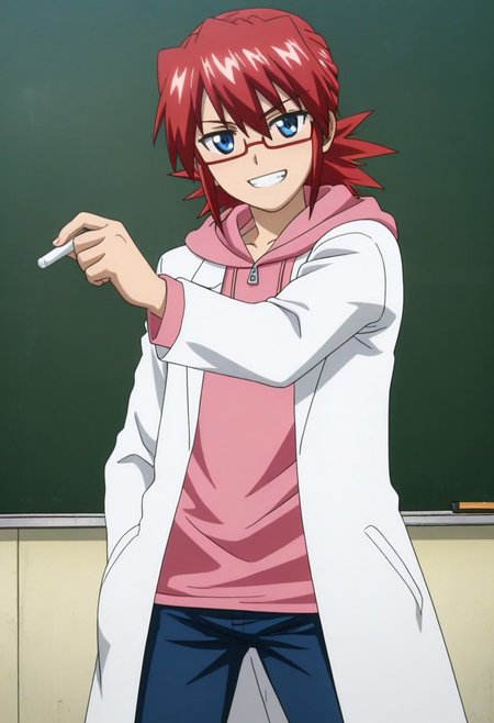 High quality, high definition, very clear, perfect eyes, perfect anatomy, anime, anime screencap, anime coloring, anime official art, 1male only, 1boy only, male focus, solo male, handsome, very attractive male, sexy, cute, charming, front view, front shot, facing viewer, looking at viewer, cowboy shot, head to hips shot, ((tall body, tall height, lean figure)), Junichirou Kagami, red hair, tied hair, blue eyes, glasses, pink hooded undershirt, long sleeves, long white lab coat, blue pants, classroom, black board, ((holding chalk)), ((dynamic shot, dynamic pose, dynamic angle)), smile showing teeth, confident pose