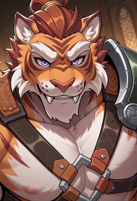 masterpiece,best quality,amazing quality, 1boy, solo, t1b3r1us, tiger boy,  chest harness, single green pauldron, purple eyes, close up, side angle,