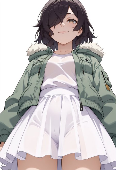 Smooth Quality,masterpiece,very intricate, high quality details, ultra realistic, high detailed skin,detailed enviorement,absurdres,
simple background, white background,
,from below,troll face,envy,
parka,  ,see-through shirt,  ,balloon skirt,  , <lora:Kiclacnn:0.7> Kiclacnn, 1girl, black hair, brown eyes, symbol-shaped pupils, short hair, hair over one eye,