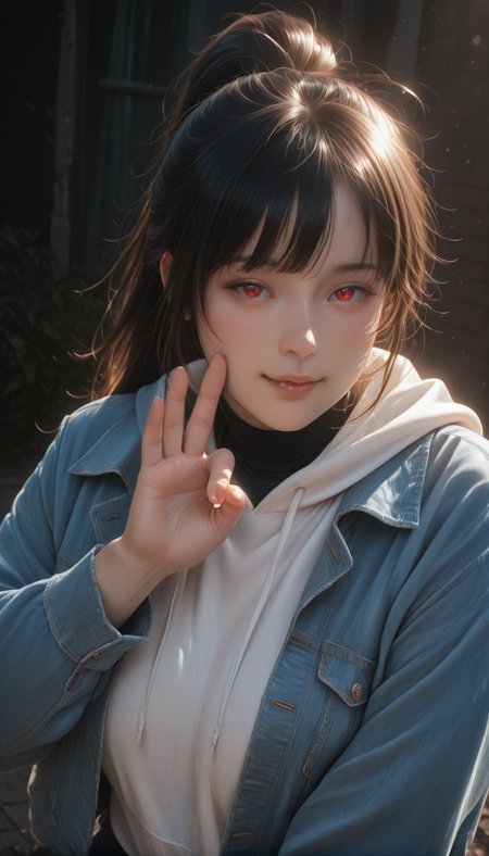 <lora:LCMTurboMix_Euler_A_fix:1> <lora:example_SDXL:0.3>, EZRealPONYXL, <lora:Dramatic Lighting Slider:3> <lora:realistic filter [IL]:1>
DSLR,realistic,cosplay photo, (very awa,masterpiece,best quality,year 2024,newest,absurdres,highres:1), realistic,skin texture,facial features, photography shot with Canon EOS 5D Mark IV , realistic, RAW, best quality, masterpiece, amazing quality, skin details,
1girl, highly detailed beautiful face, large natural breasts,
detailed background, shiny skin, dutch angle, night, moonlight,
beautiful detailed eyes, intricate details, absurdres, anime screencap,
<lora:YoakenoNanashi_Vtuber_kill0825:1>
VTNanashi, long hair, black hair, red eyes, fang, ahoge, sidelocks,
long sleeves, jacket, ponytail, thighs, open clothes, hood, mole, open jacket, sweater, black shirt, hoodie, hood down, blue jacket, denim, white hoodie, undershirt, denim jacket, shirt, turtleneck, front bang,
<lora:penetration-gesture-illustriousxl-lora-nochekaiser:1>, penetration gesture, sexually suggestive, ok sign, pointing, blush, from above, naughty face, smug, looking at viewer, upper body,