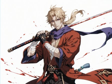 1boy artist_name bandaged_arm bandages bead_bracelet beads black_gloves black_kimono blonde_hair blood bracelet coat covered_mouth fighting_stance fingerless_gloves gloves hair_between_eyes hands_up haori high_ponytail holding holding_sword holding_weapon japanese_clothes jewelry kagotsurube_isshin_(genshin_impact) katana kimono long_sleeves looking_at_viewer male_focus open_clothes open_coat ponytail purple_eyes purple_scarf red_coat scarf simple_background solo sword twitter_username vision_(genshin_impact) weapon white_background wide_sleeves, <lora:ScrollD:0.8>, score_9, score_8_up, score_7_up, zPDXL3
