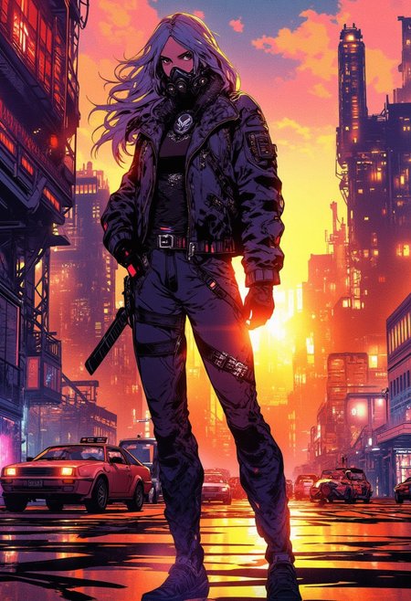 Inkpunk Anime, Abstract digital painting in the style of ck-js, concept art, futuristic, cyberpunk female warrior, communicator, respirator, leather jacket, long flowing hair, standing on street of futuristic sci-fi city, towers, domes and skyscrapers, sunset, rule of thirds, perfect lighting, sunset, HD32K, wallpaper, hyperdetailed