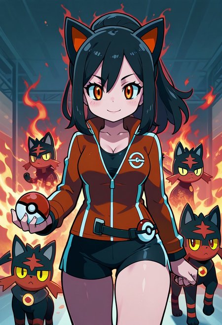 cute girl, 
,,,
litten companion, black hair, fiery attitude, red jacket, athletic look, pokeball on belt, fiery aura, confident expression
,,,
1 pokemon in background,
pokemon trainer outfit, focused look, cleavage, holding pokeball, looking at viewer, pokemon gym background, training gym background, smile,