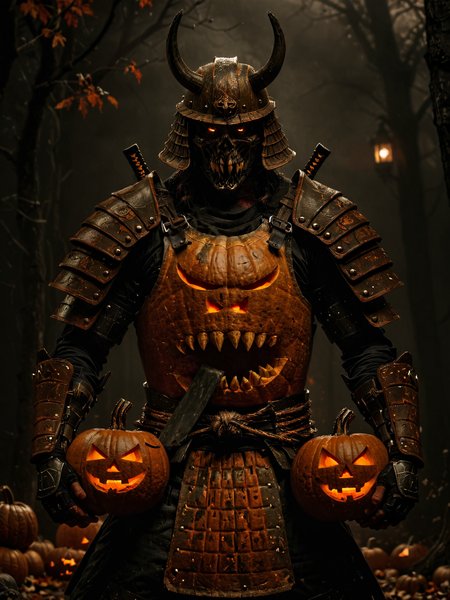 (wide angle photography:1.2), (whole body:1.5), shot, (full body photo:1.1), realistic analog photo, night time, midnight, dark, darkness, ghost vibes,
pumpkin headed zombi samurai in the armor, zombi (teal and orange:0.4),((full body:1.9)), (massive armor), with (pumpkin monster with long tongue and teeth as torso:1.5), big armor, (large samurai armor:1.9), halloween pumpkin as head, low light, facing camera, big muscles, muscled body, badass, badass style, steam punk, lot of details, detailed armor, large shoulders, large arms, large, limbs, half side portrait, ((dark background)), (night time), dark shadow, katana on his back, yoroi armor, pumpkins in background, halloween, pumpkin monster with long tongue comming out of his belly,
epic realistic, faded, ((neutral colors)), art, (hdr:1.5), (muted colors:1.2), hyperdetailed, (artstation:1.5), cinematic, warm lights, dramatic light, (intricate details:1.1), complex background, (rutkowski:0.8), by Blizzard entertainment
, (mysterious atmosphere:1.1), (low luminosity:1.2), in the dark, obscurity, (mist:1.3),
, realistic, depth of field, highres, 4k, 8k, intricate detail, amazing quality, wallpaper, <lora:RMSDXL_Enhance:1>, <lora:perfect-eyes:0.8>  <lora:bonex:1> <lora:dark:0.5> <lora:RMSDXL_Darkness_Cinema:1> <lora:Into_Darkness:0.8>, realistic skin texture, detailed skin pores, skin hair, skin looks real, hi rez skin details