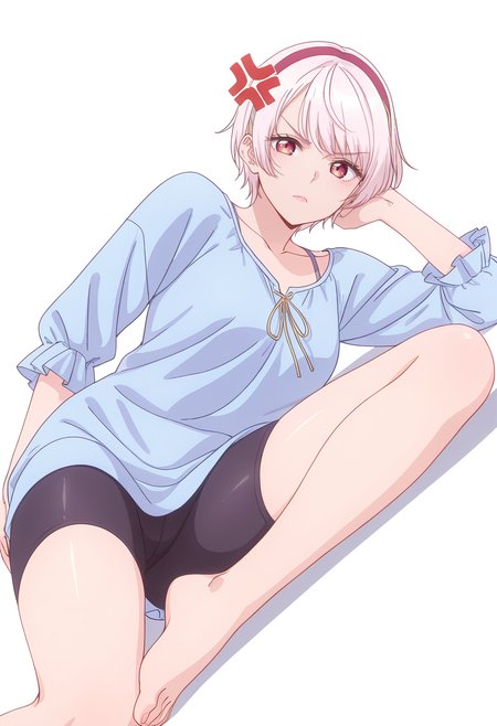 Smooth Quality,masterpiece,beautiful aesthetic, very intricate, high quality details, ultra realistic, high detailed skin,
simple background, white background, 
anger vein,dutch angle,reclining pose, one leg crossed over the other, arm draped over backrest, calm demeanor,  ,
bike shorts,  ,blouse, 
 <lora:Natsukawa_Renacnn:0.8> rena/cnn, 1girl, short hair,