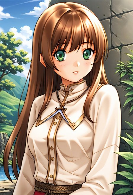 score 9, score 8 up, source anime, masterpiece, best quality, detailed eyes, detailed face, 1girl, solo, outdoors, 
cellkkr, green eyes, brown hair, long hair, bangs, medium breasts