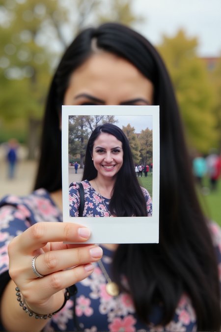 A woman, Ezada, is holding a Polaroid photo of herself in front of her face. The background of the image is blurred, showing a park or outdoor setting with trees and people in the distance. The focus is on the Polaroid, creating a visual contrast between the sharp, happy image in the photo and the blurred, real-life background behind it.<lora:Mistress_Ezada_Sinn:1>âââ