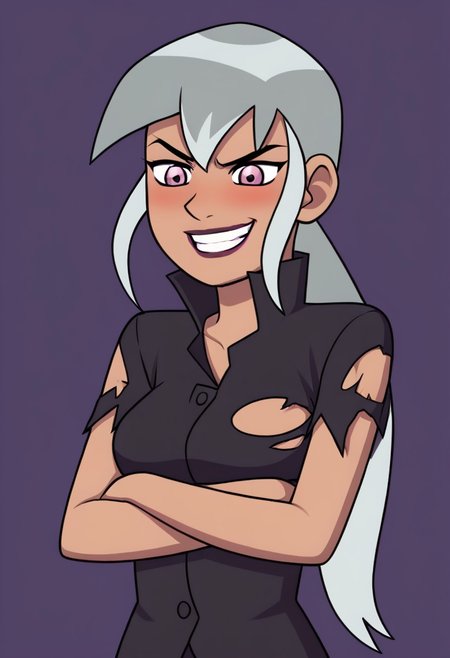 charmcaster, 1girl, solo,torn clothes,black shirt, breasts, smile dark-skinned female, dark skin, grey hair, long hair, crossed arms, pink eyes, blush, upper body,angry lipstick, ponytail,