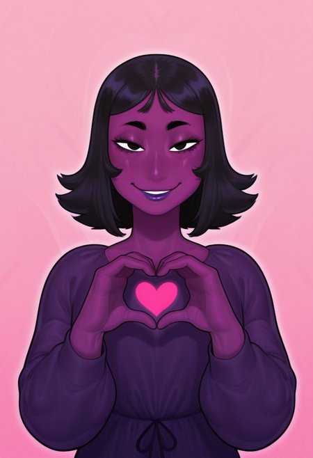 mrfuga, 1girl, solo, medium build, medium hair, sfw, safe for work, covered skin, flowy dress,  black eyes, purple lipgloss, smiling, portrait, upper body, heart hands, foreshortening