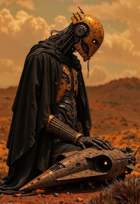 (in Otomo Katsuhiro style:1.4), high-quality, masterpiece, Photo of a cyborg with a cracked mechanical spine, alone on a desolate battlefield, their glowing eyes scanning the horizon, a half-destroyed war drone lies beside them, Style is Sci-fi with war-torn elements, Lighting is Harsh with strong shadows from the setting sun, High contrast, wide-angle shot, cinematic lighting, battle scars, (elaborately detailed attire with extraordinary elements:1.1), (hyperdetailed:1.1), (intricate details:1.0), (Refined details:1.1), (best quality:1.1), (high resolution:1.2)
