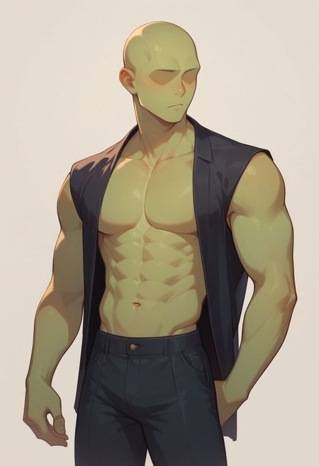 score_9, score_8_up, score_8,
1boy, solo, green skin, no eyes, no eyebrows, bald, no shirt, black suit pants, average body, cowboy shot,  white background