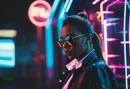 Dynamic cinematic photo, (depth of field, blurry background:1.3)
fflix-npt, neon lights, sunglasses, 3d, dark skin, jewelry, 1girl, earrings, real life, brown hair, 1boy, blurry background, ponytail, upper body, jacket, lips, science fiction, dark-skinned male, realistic, long hair, reflection, original, glasses
 <lora:NeonPortraits2700:.75>