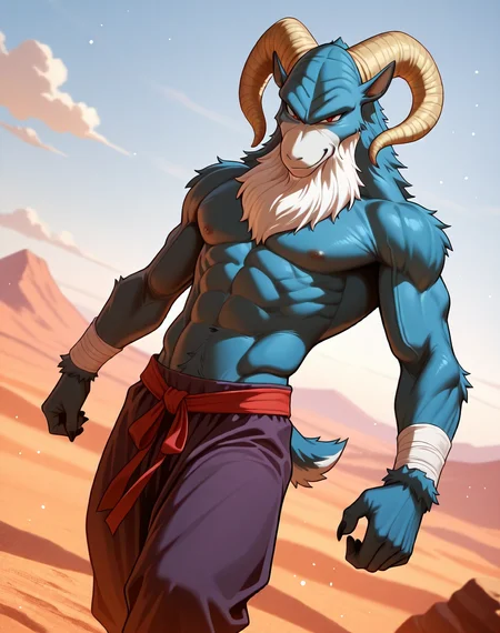 <lora:Moro_1st_Form_(Dragonball_Z)_(Illustrious)_(AD):1.5> Moro, muscular, goat,
dutch angle, exterior, desert, sky with detailed clouds,
male focus, gradient coloring, solo, cowboy shot, bent leg, perfect proportions, goat head, blue body, soft shading, evil smirk, old, aged up, frail, wrinkles, long white beard, thin waist, 
BREAK very awe, aesthetically pleasing, masterpiece, best quality, amazing quality, very aesthetic, perfect depth of field shot, in'ei, furry_art, source_furry, source_anime,
EZRealPONYXL, zPDXL, Smooth Quality, lazympos, IllustQualXL_Pos,