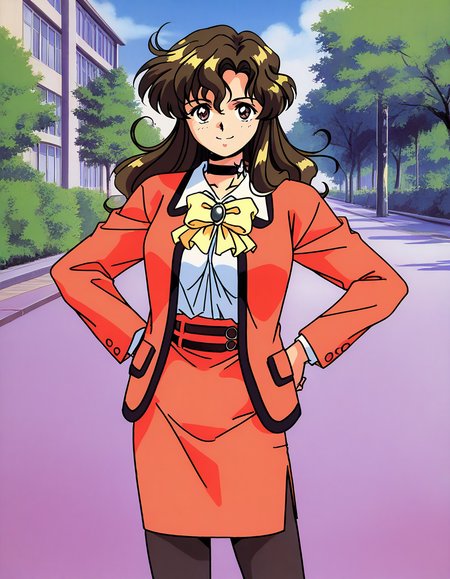 general,highres, ultra-detailed,very aesthetic,best quality ,best hands,  BREAK <lora:Ito_Ryoko_OVA_IS:1>Ito_Ryoko_OVA, 1girl,solo, long hair, brown hair, choker, brown eyes, bangs, large breasts, 1990s (style), anime coloring,
1girl, solo, pantyhose, 1990s (style), skirt, hand on hip, 
pencil skirt,  jacket, smile, bow, jewelry, formal, black pantyhose, long sleeves, 
suit, looking at viewer, blazer, school uniform, brooch,
asphalt, day, sky,