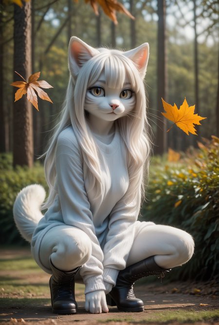 score_9, score_8_up, score_7_up,source_furry, BREAK,  Arctic cat girl with long snow-white hair, shaggy, squatting on the grass, big breasts, wearing sweater, ruffles, knee boots, looking at the sun, sunshine, autumn leaves, warm tones, detailed background
 photo,  photo,  photo