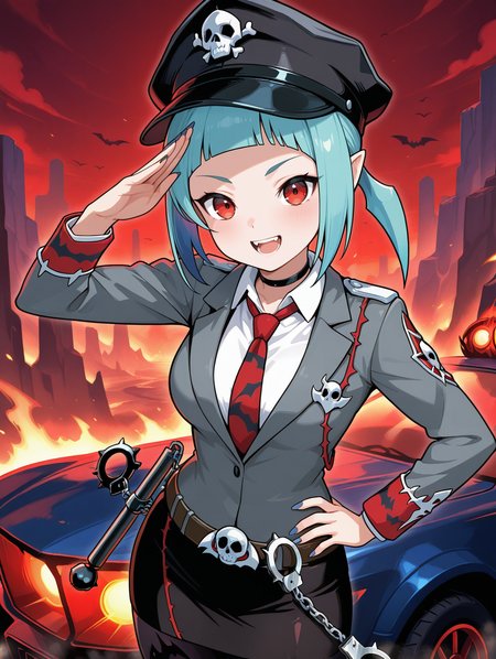 beat cop from the underworld,1girl,solo,hand on hip,handcuffs,baton \(weapon\),salute,smile,open mouth,looking at viewer,vehicle,red sky,hell,collared shirt,police uniform,grey jacket,black choker,black police hat,pencil skirt,skull belt,red necktie,bat print pantyhose,blue nails,
masterpiece,best quality,amazing quality,very aesthetic,absurdres,newest,<lora:tour guide, beat cop, muckraker from the underworld EX illuXL v1:0.76>,