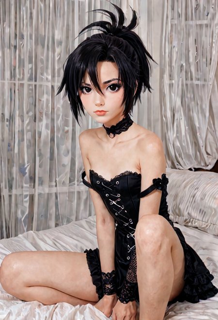 score_9, score_8_up, score_7_up, source_anime,
hyper detailed, realistic, cinematic photo, film grain, 
kkcmkt, short hair, black hair, antenna hair, hair between eyes, black eyes, flat chest,  small breasts,  
<lora:KikuchiMakoto_pony_v1:0.9>
Woman gothic, small medium boob, A person sitting with legs spread apart and hands resting on knees, short hair, Ponytail hairstyle, Tall body with an elongated frame, Shy and blushed expression, dressed as a sexy Goth, (Subject is placed in the center of the frame), (Focusing closely on the subject), in a bedroom, long legs,